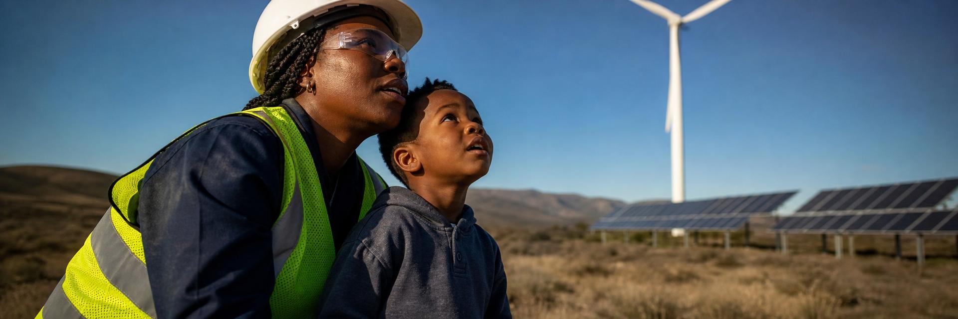 A South African engineer in hi-vis and hard hat crouching beside a young child, both looking up at a wind turbine with solar PV arrays behind them
